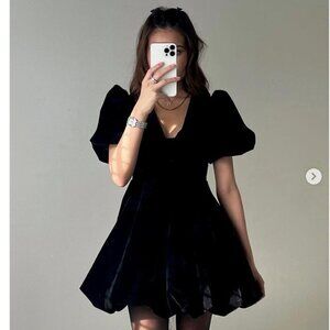 Zara Velvet Puff Sleeve Puff Hem V Neck Mini Dress Black Blogger Fav Size XS